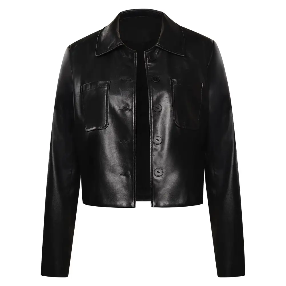 Wednesday (2022) Wednesday Addams Black Leather Coat Jacket Cosplay Costume Halloween Costume 3 Wednesday (2022) Wednesday Addams Black Leather Coat Jacket Cosplay Costume Halloween Costume - Image 3