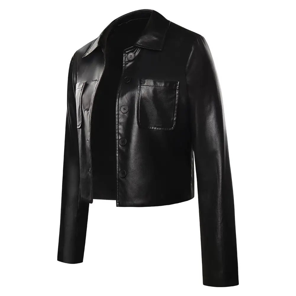 Wednesday (2022) Wednesday Addams Black Leather Coat Jacket Cosplay Costume Halloween Costume 4 Wednesday (2022) Wednesday Addams Black Leather Coat Jacket Cosplay Costume Halloween Costume - Image 4
