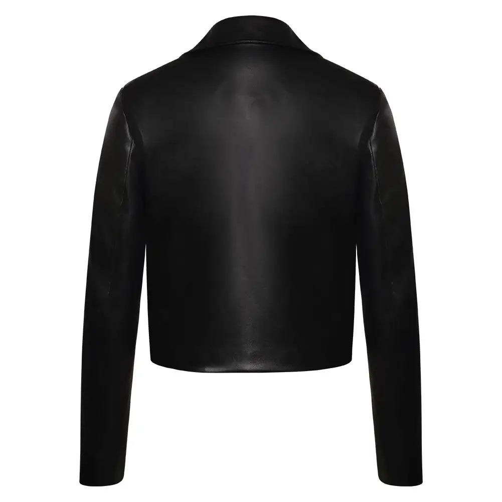 Wednesday (2022) Wednesday Addams Black Leather Coat Jacket Cosplay Costume Halloween Costume 5 Wednesday (2022) Wednesday Addams Black Leather Coat Jacket Cosplay Costume Halloween Costume - Image 5