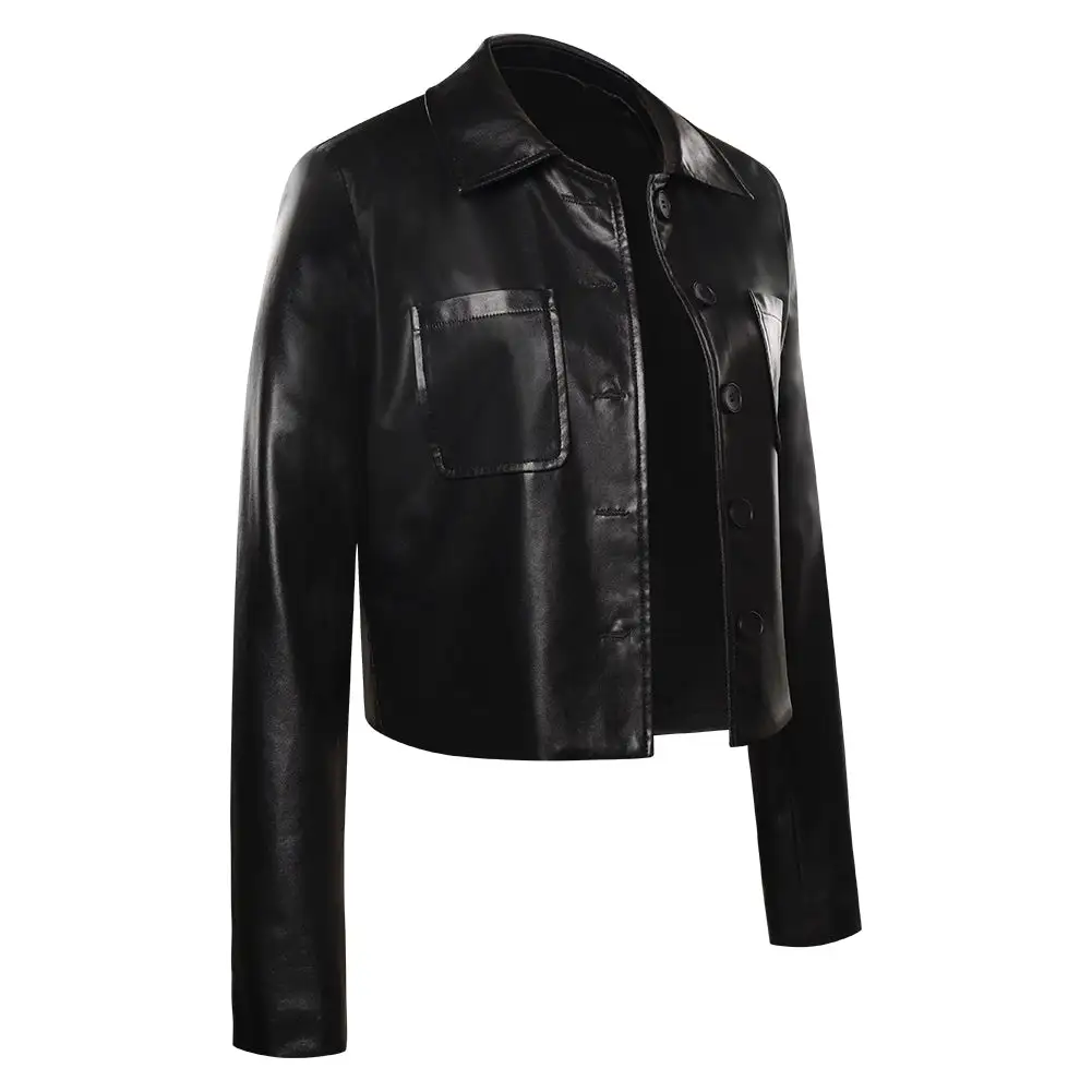 Wednesday (2022) Wednesday Addams Black Leather Coat Jacket Cosplay Costume Halloween Costume 6 Wednesday (2022) Wednesday Addams Black Leather Coat Jacket Cosplay Costume Halloween Costume - Image 6