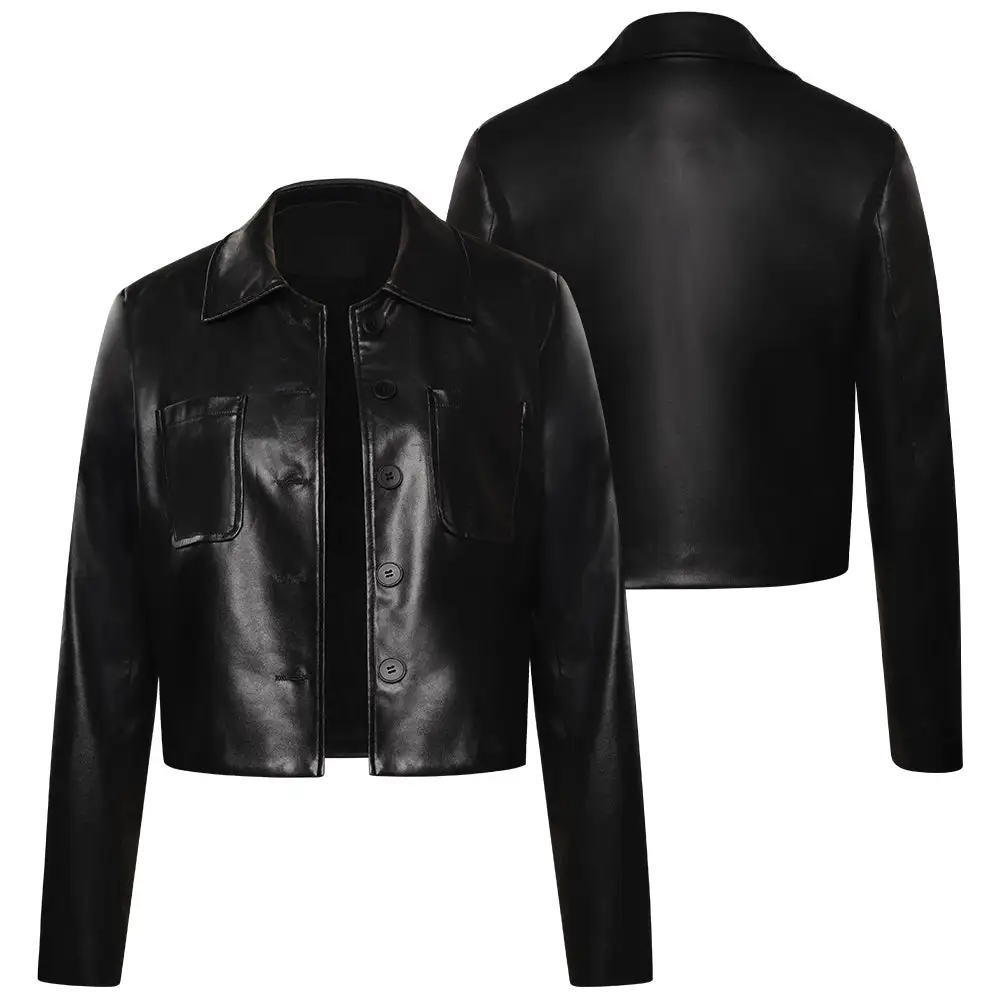 Wednesday (2022) Wednesday Addams Black Leather Coat Jacket Cosplay Costume Halloween Costume 2 Wednesday (2022) Wednesday Addams Black Leather Coat Jacket Cosplay Costume Halloween Costume - Image 2
